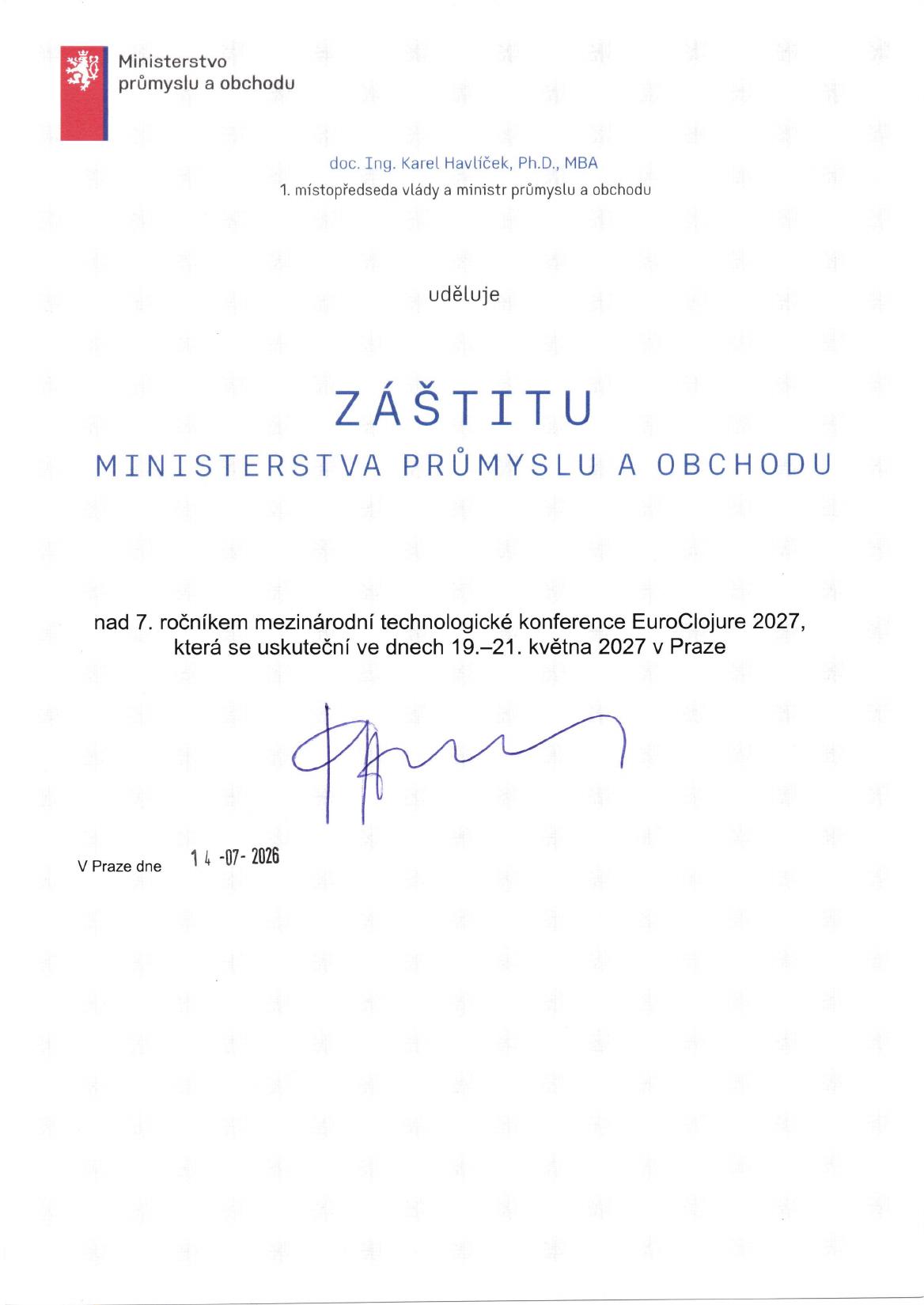 Document granting auspices to EuroClojure 2027